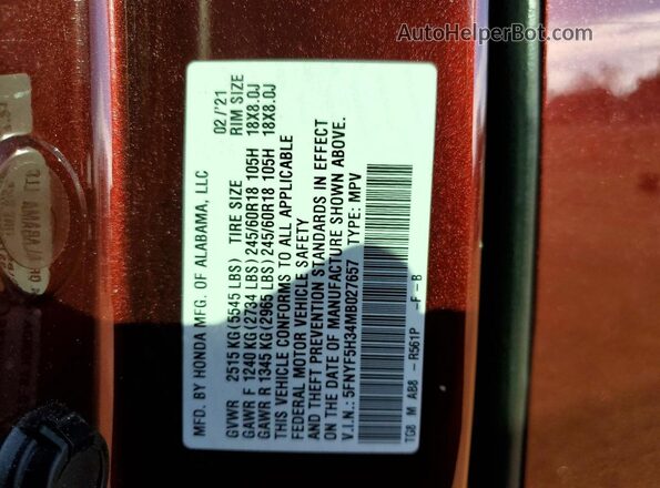 5FNYF5H34MB027657 2021 HONDA PILOT Maroon სალონის 360-გრადუსიანი ხედი