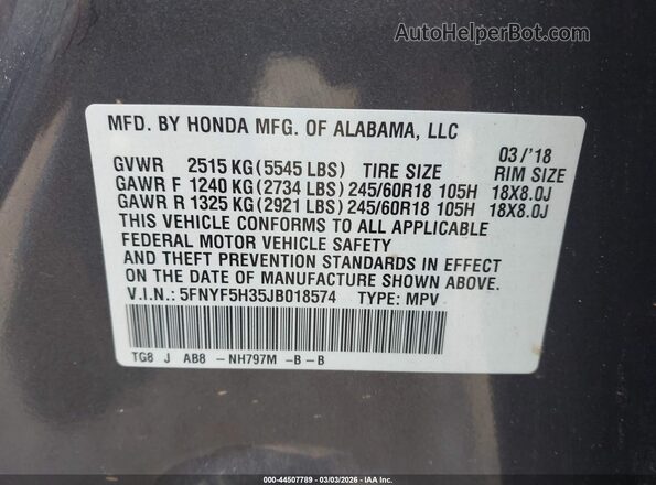 5FNYF5H35JB018574 2018 HONDA PILOT Gray 