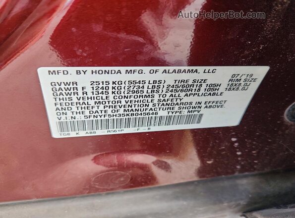 5FNYF5H35KB045646 2019 HONDA PILOT Burgundy 
