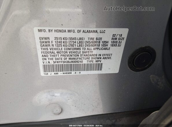 5FNYF5H38JB009240 2018 HONDA PILOT Silver Vista del compartimento del motor