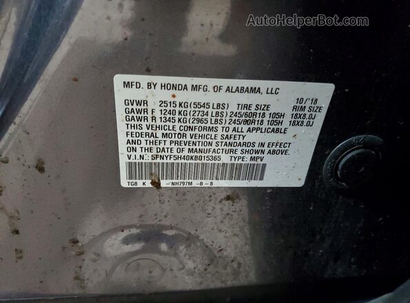 5FNYF5H40KB015365 2019 HONDA PILOT Серый 