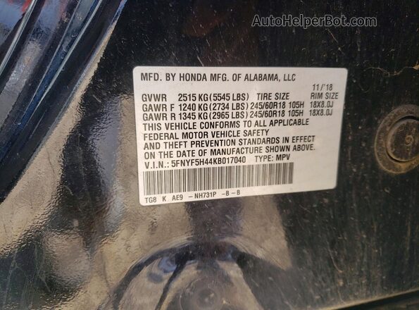 5FNYF5H44KB017040 2019 HONDA PILOT Black Вид наклейки з VIN-кодом