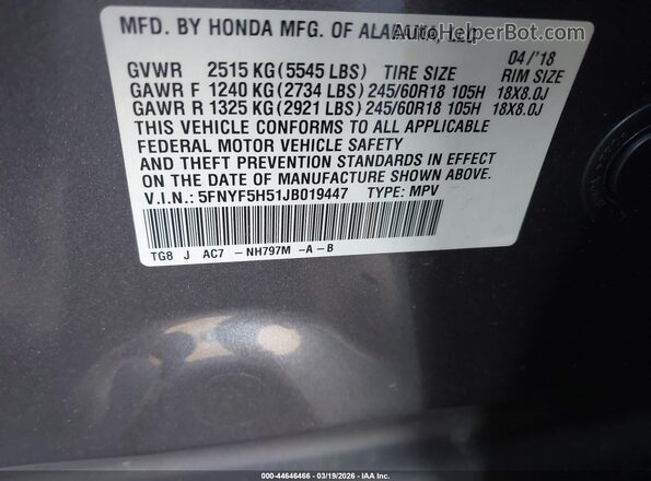 5FNYF5H51JB019447 2018 HONDA PILOT Gray Widok komory silnika