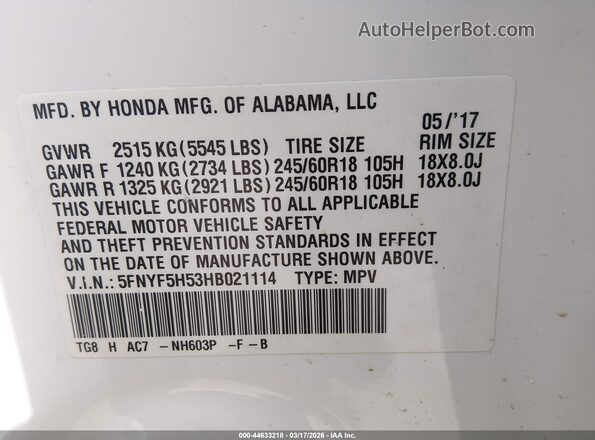 5FNYF5H53HB021114 2017 HONDA PILOT Белый 