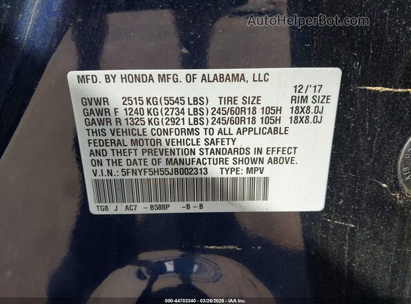 5FNYF5H55JB002313 2018 HONDA PILOT Dark Blue 