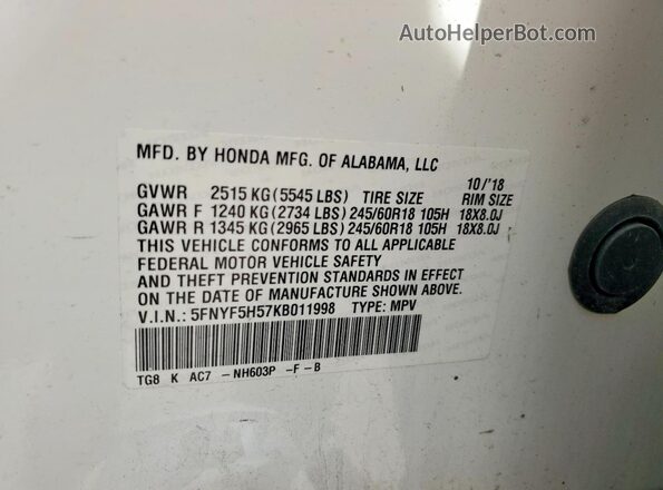 5FNYF5H57KB011998 2019 HONDA PILOT White 