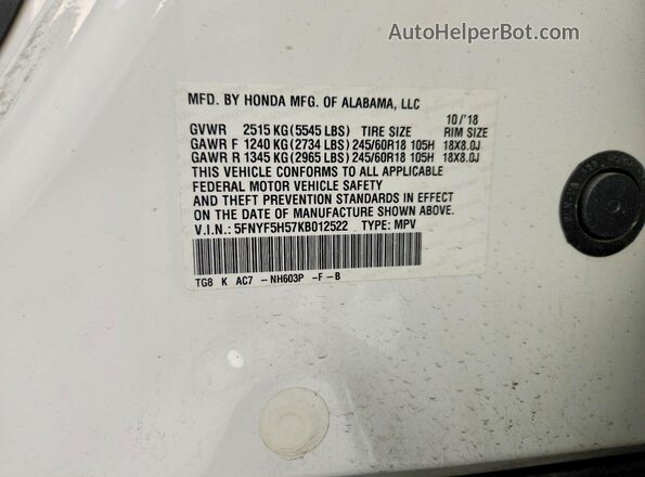 5FNYF5H57KB012522 2019 HONDA PILOT Белый 