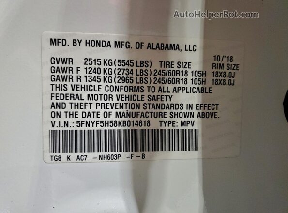 5FNYF5H58KB014618 2019 HONDA PILOT White 