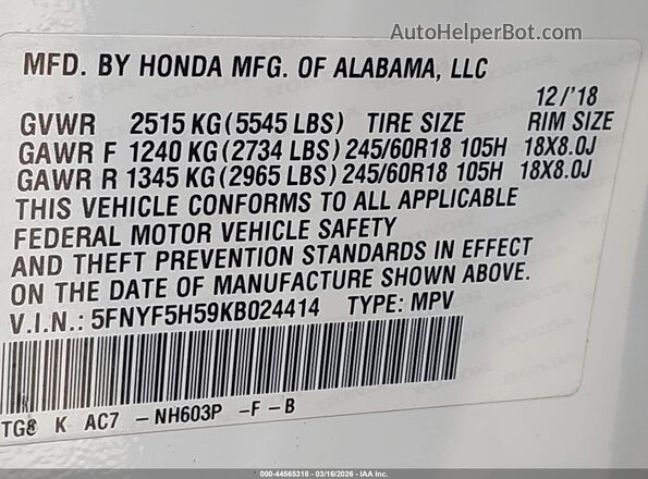 5FNYF5H59KB024414 2019 HONDA PILOT White 