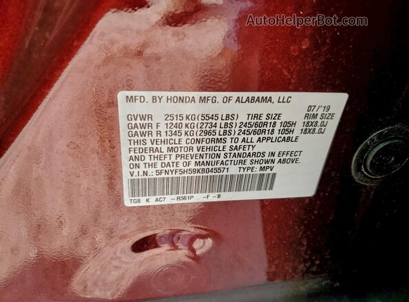 5FNYF5H59KB045571 2019 HONDA PILOT Бордовый 