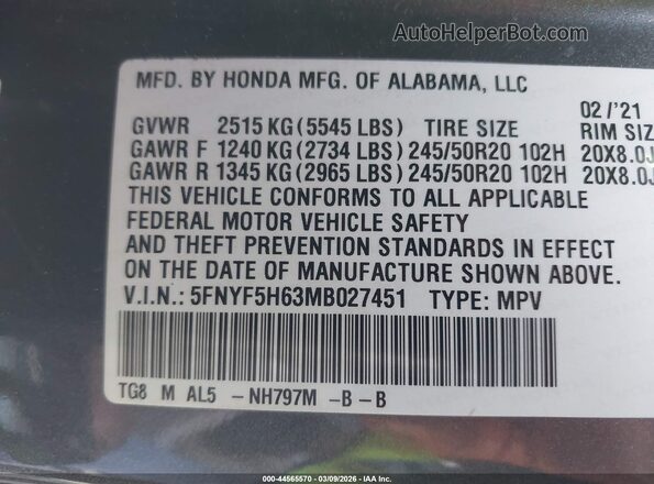 5FNYF5H63MB027451 2021 HONDA PILOT Gray Engine compartment view