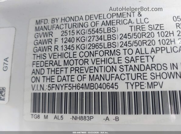 5FNYF5H64MB040645 2021 HONDA PILOT White Widok komory silnika