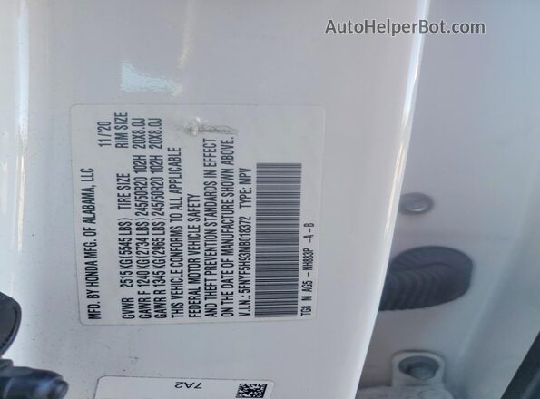 5FNYF5H93MB018372 2021 HONDA PILOT White VIN կոդի պիտակի տեսք