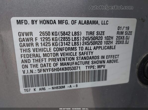 5FNYF6H04KB053071 2019 HONDA PILOT Silver Вид підкапотного простору