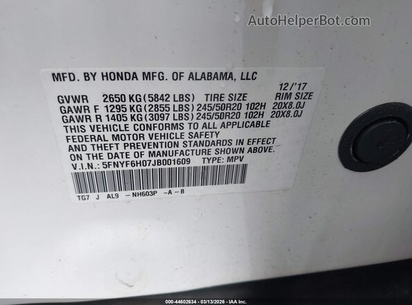 5FNYF6H07JB001609 2018 HONDA PILOT White Vista del compartimento del motor