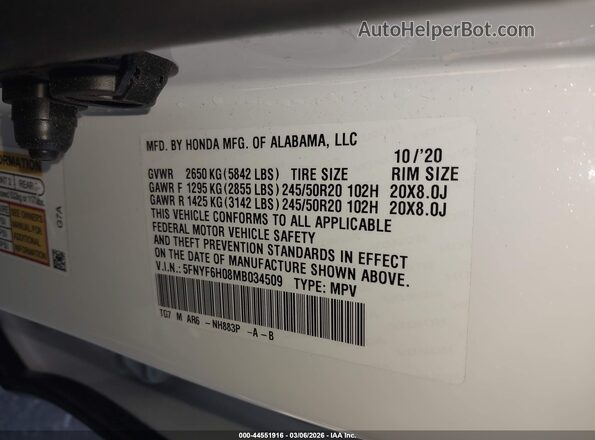 5FNYF6H08MB034509 2021 HONDA PILOT White Widok komory silnika