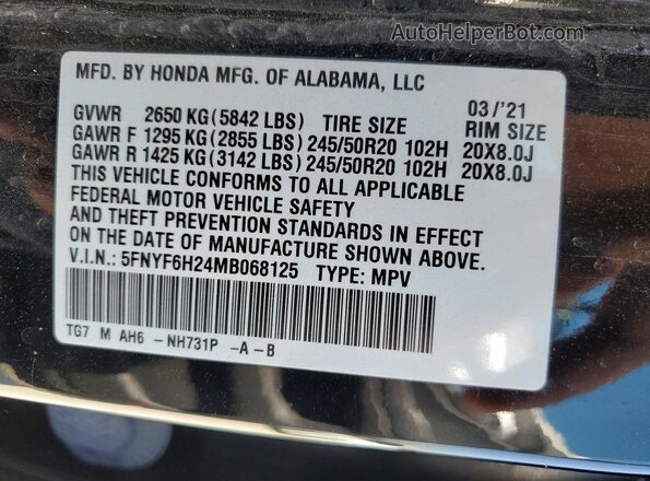 5FNYF6H24MB068125 2021 HONDA PILOT Black 360 interior view