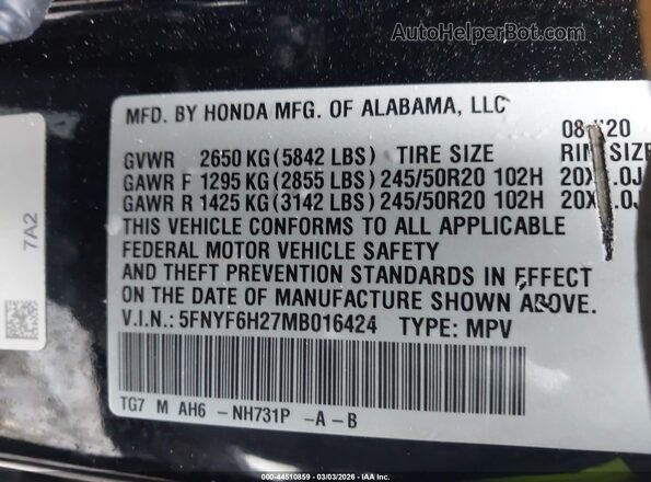 5FNYF6H27MB016424 2021 HONDA PILOT Black Engine compartment view