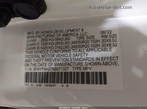 5FNYF6H27NB071327 2022 HONDA PILOT White Vista del compartimento del motor