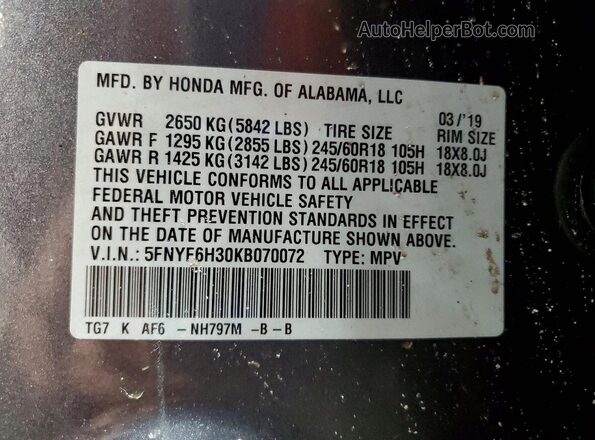 5FNYF6H30KB070072 2019 HONDA PILOT Gray 