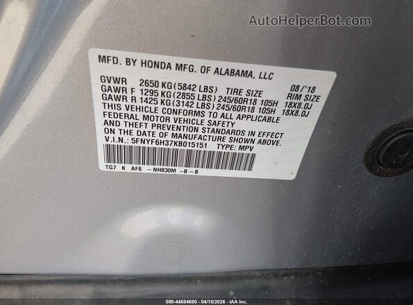 5FNYF6H37KB015151 2019 HONDA PILOT Gray 
