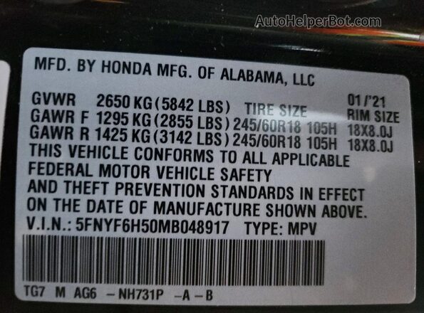 5FNYF6H50MB048917 2021 HONDA PILOT Black Вид наклейки з VIN-кодом