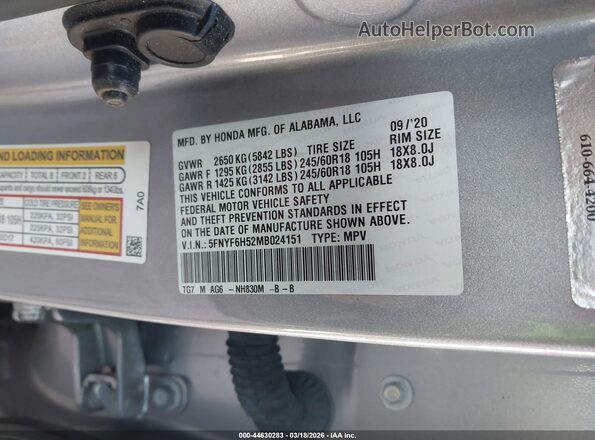 5FNYF6H52MB024151 2021 HONDA PILOT Silver Շարժիչի բաժամունքի տեսք