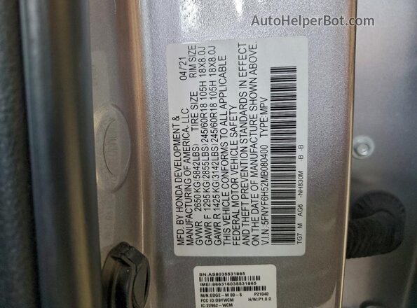 5FNYF6H52MB080400 2021 HONDA PILOT Silver Widok naklejki z numerem VIN