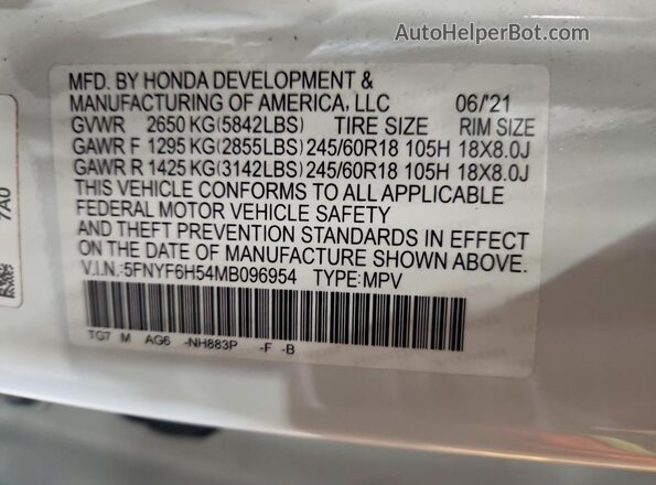 5FNYF6H54MB096954 2021 HONDA PILOT White Vista de la etiqueta del VIN