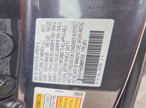 5FNYF6H55MB091505 2021 HONDA PILOT Gray VIN sticker view
