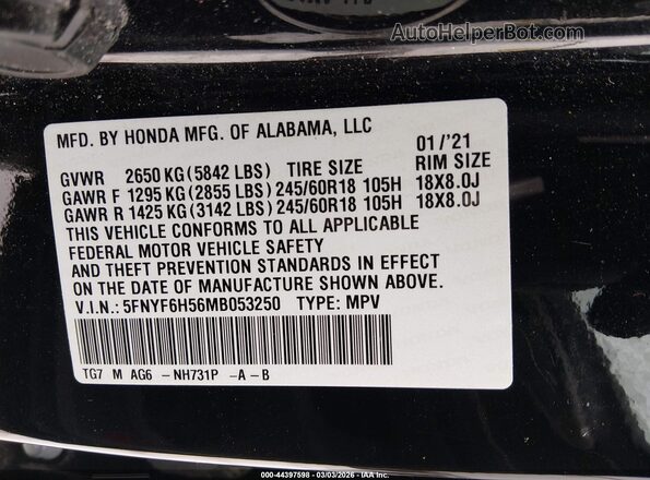 5FNYF6H56MB053250 2021 HONDA PILOT Серый Вид подкапотного пространства