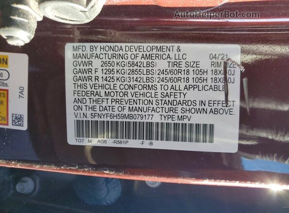 5FNYF6H59MB079177 2021 HONDA PILOT Burgundy VIN sticker view