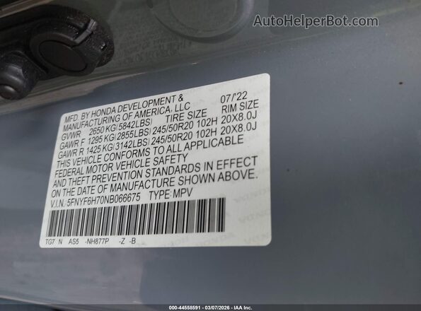 5FNYF6H70NB066675 2022 HONDA PILOT Gray Вид підкапотного простору