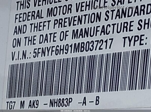 5FNYF6H91MB037217 2021 HONDA PILOT White Engine compartment view