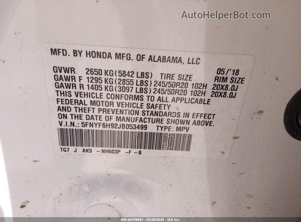 5FNYF6H92JB053499 2018 HONDA PILOT White Widok komory silnika