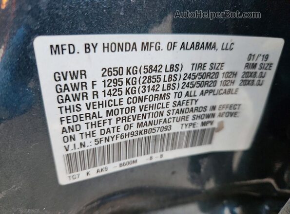 5FNYF6H93KB057093 2019 HONDA PILOT Green Вид наклейки з VIN-кодом