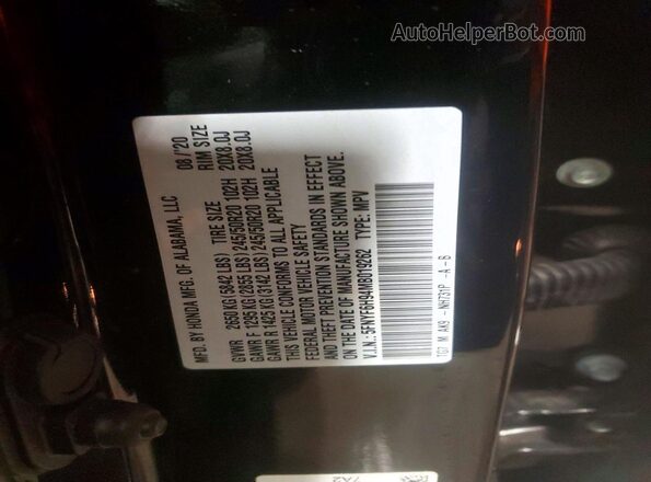 5FNYF6H94MB019262 2021 HONDA PILOT Черный Вид наклейки с VIN-кодом