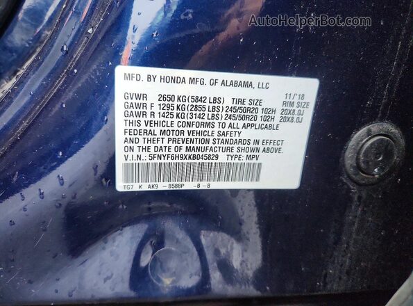 5FNYF6H9XKB045829 2019 HONDA PILOT Синий 