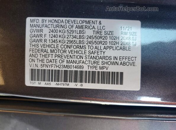 5FNYF7H23MB014689 2021 HONDA PASSPORT Silver VIN կոդի պիտակի տեսք
