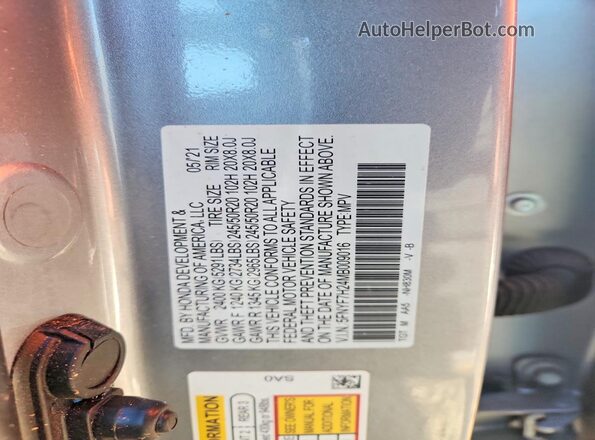 5FNYF7H24MB009016 2021 HONDA PASSPORT Silver VIN sticker view