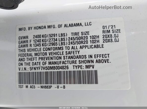 5FNYF7H50MB004826 2021 HONDA PASSPORT White Вид підкапотного простору