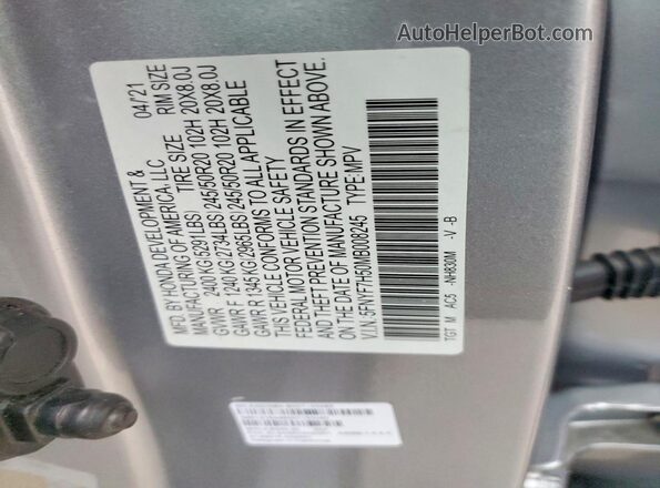 5FNYF7H50MB008245 2021 HONDA PASSPORT Gray VIN კოდის სტიკერის ხედი
