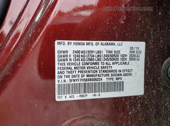 5FNYF7H58KB006224 2019 HONDA PASSPORT Maroon 