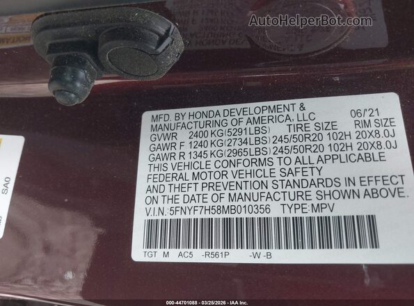 5FNYF7H58MB010356 2021 HONDA PASSPORT Красный 