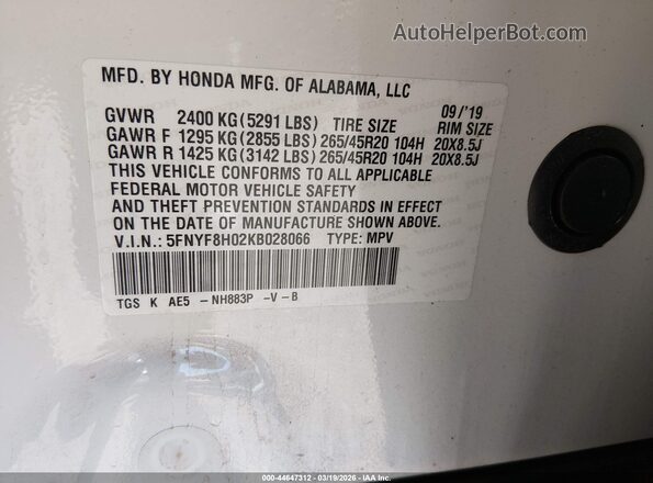 5FNYF8H02KB028066 2019 HONDA PASSPORT White Widok komory silnika