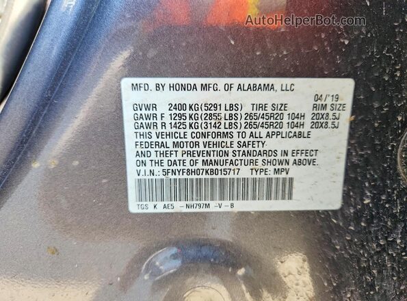 5FNYF8H07KB015717 2019 HONDA PASSPORT Charcoal VIN sticker view