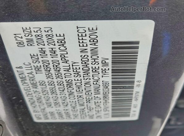5FNYF8H08MB034697 2021 HONDA PASSPORT Gray Widok naklejki z numerem VIN