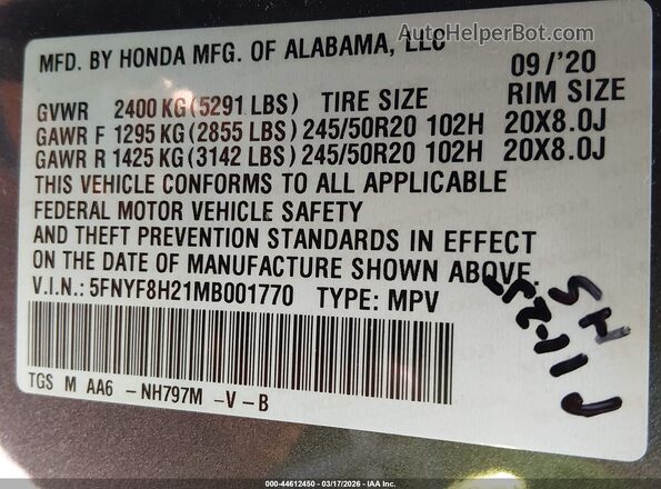 5FNYF8H21MB001770 2021 HONDA PASSPORT Gray Вид підкапотного простору
