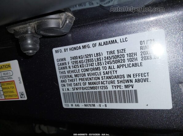 5FNYF8H22MB011255 2021 HONDA PASSPORT Gray Vista del compartimento del motor