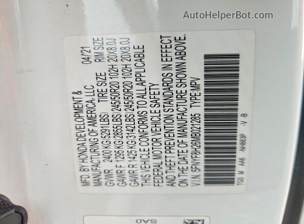5FNYF8H26MB021285 2021 HONDA PASSPORT White 
